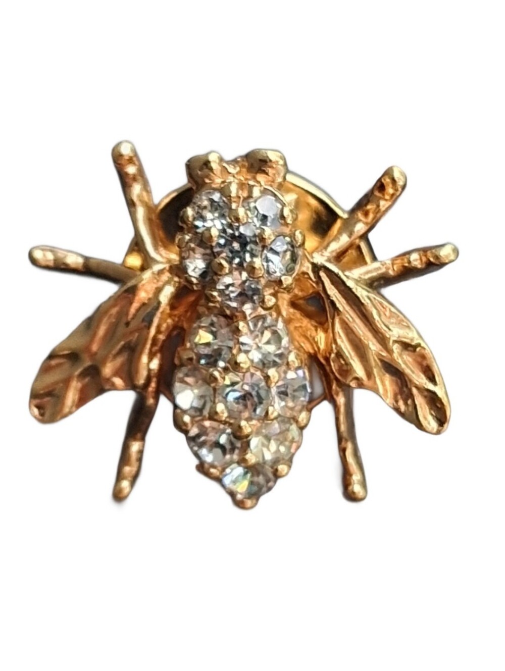 Vintage Panetta Gold Tone Rhinestone Bee Fly Insect Tie Tack Lapel Pin Signed